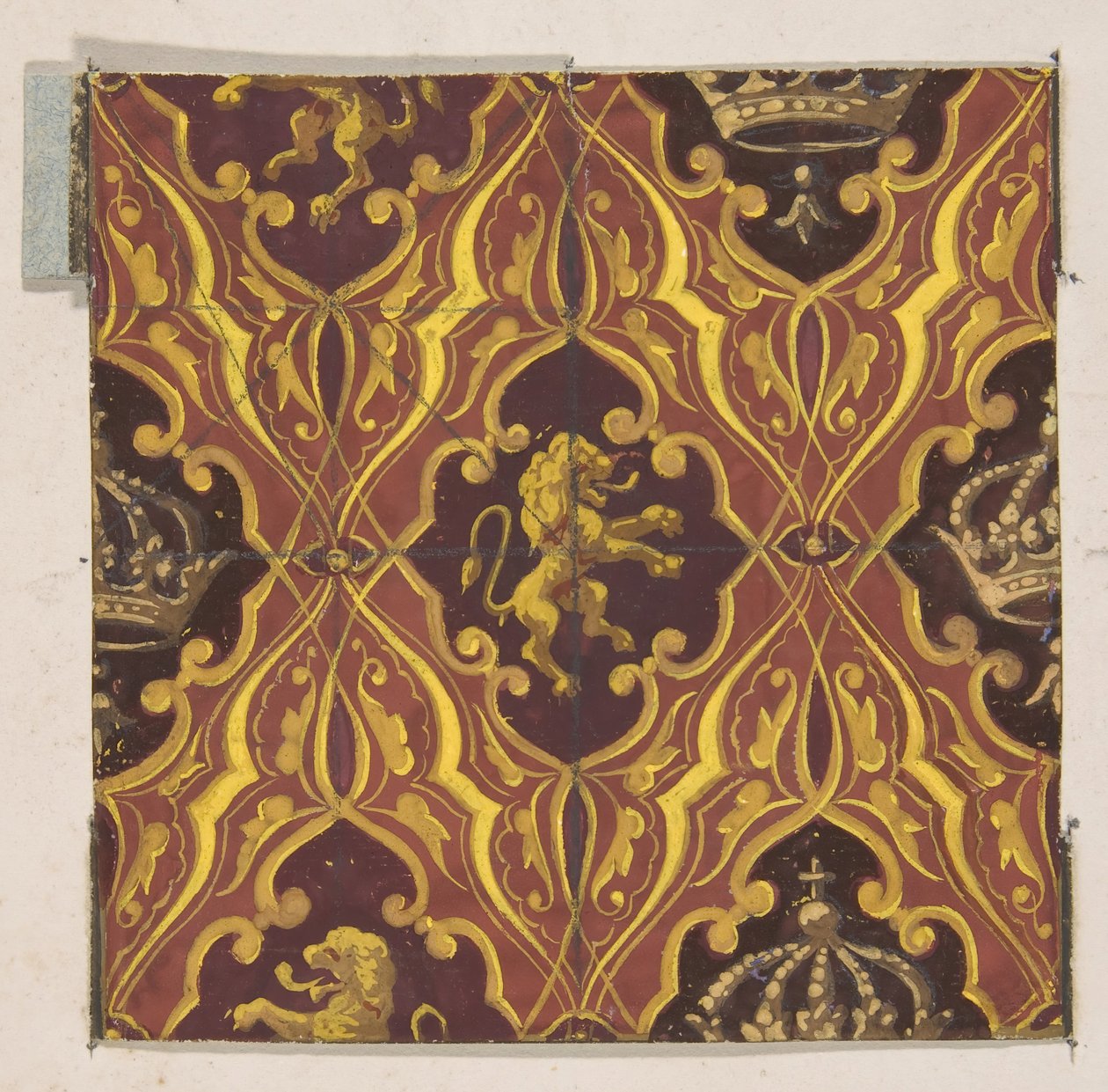 Ontwerp voor behang met leeuwen en kronen, 1830-97 door Jules Edmond Charles Lachaise and Eugène Pierre Gourdet