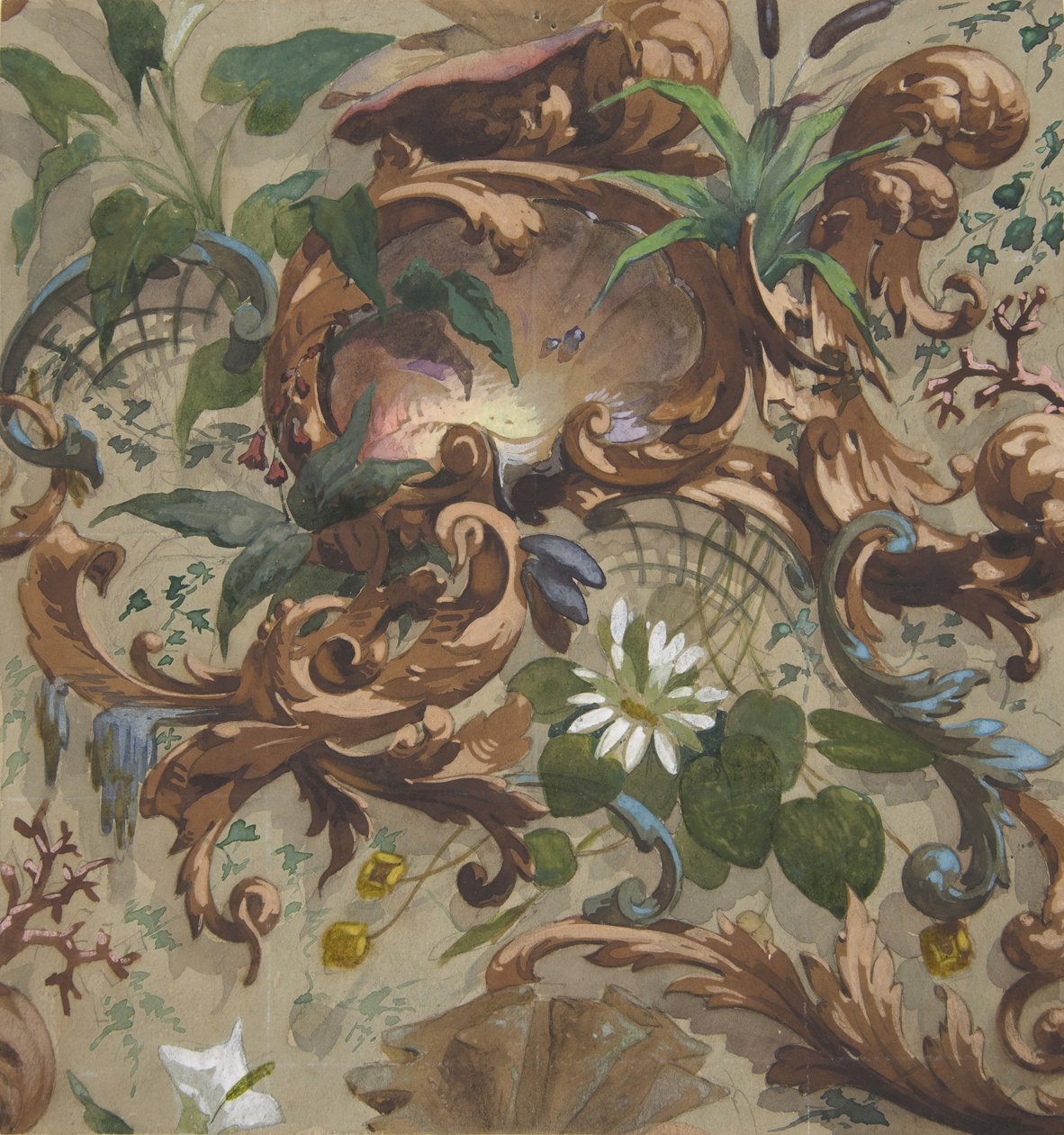 Ontwerp voor behang met schelpen, waterlelies en riet, 1830-97 door Jules Edmond Charles Lachaise and Eugène Pierre Gourdet