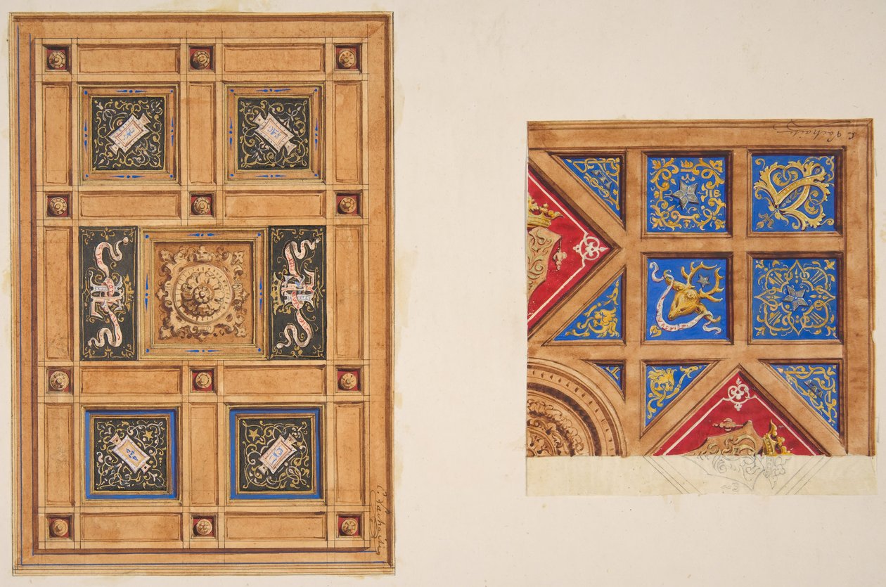 Twee ontwerpen voor een plafond met geschilderde decoratie door Jules Edmond Charles Lachaise and Eugène Pierre Gourdet