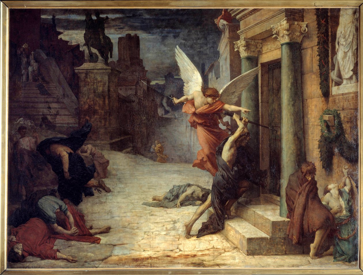 De pest in Rome. Allegorische voorstelling van de bloem die door de deuren breekt. Schilderij door Jules Elie Delaunay (1828-1891) 1869. Dim. 1,31 x 1,76 m. Parijs, musee d