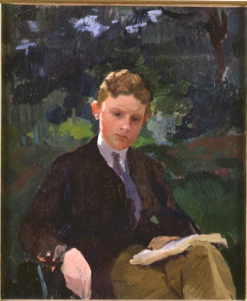 Portret van Marcel Renoux ongeveer 13 of 14 jaar oud, lezend door Jules Ernest Renoux