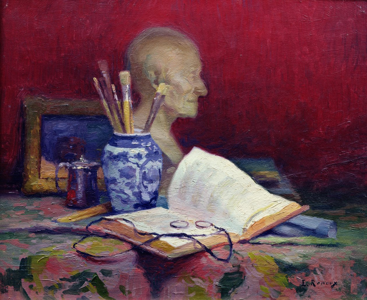 Stilleven met hoofd van Voltaire door Jules Ernest Renoux