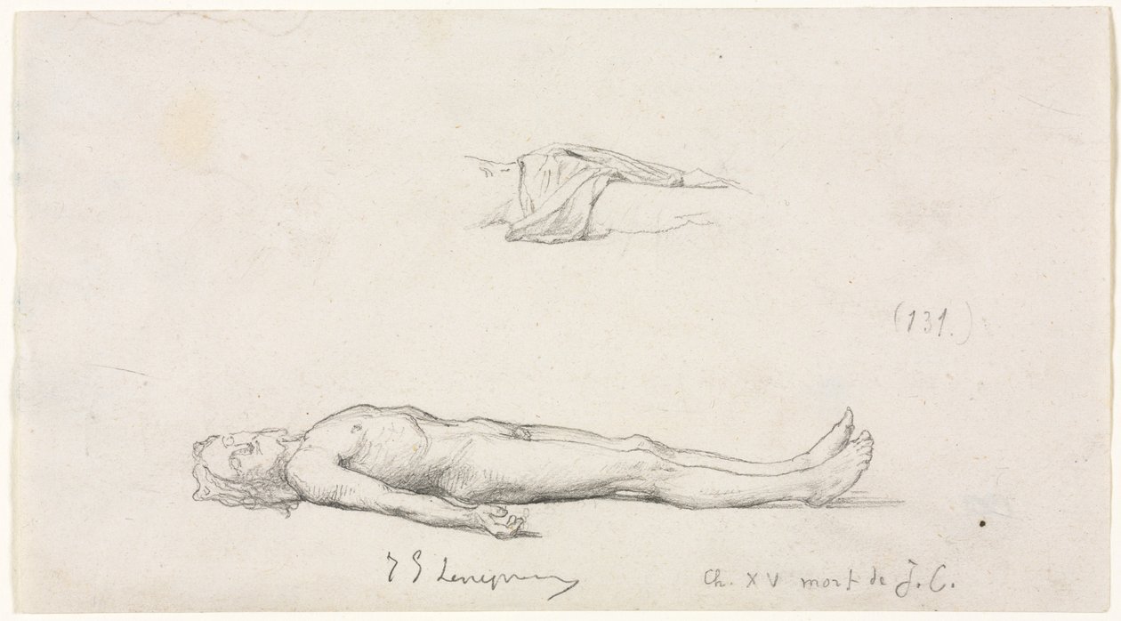 Schets van de dode Christus en detailschets van de lendendoek door Jules Eugene Lenepveu