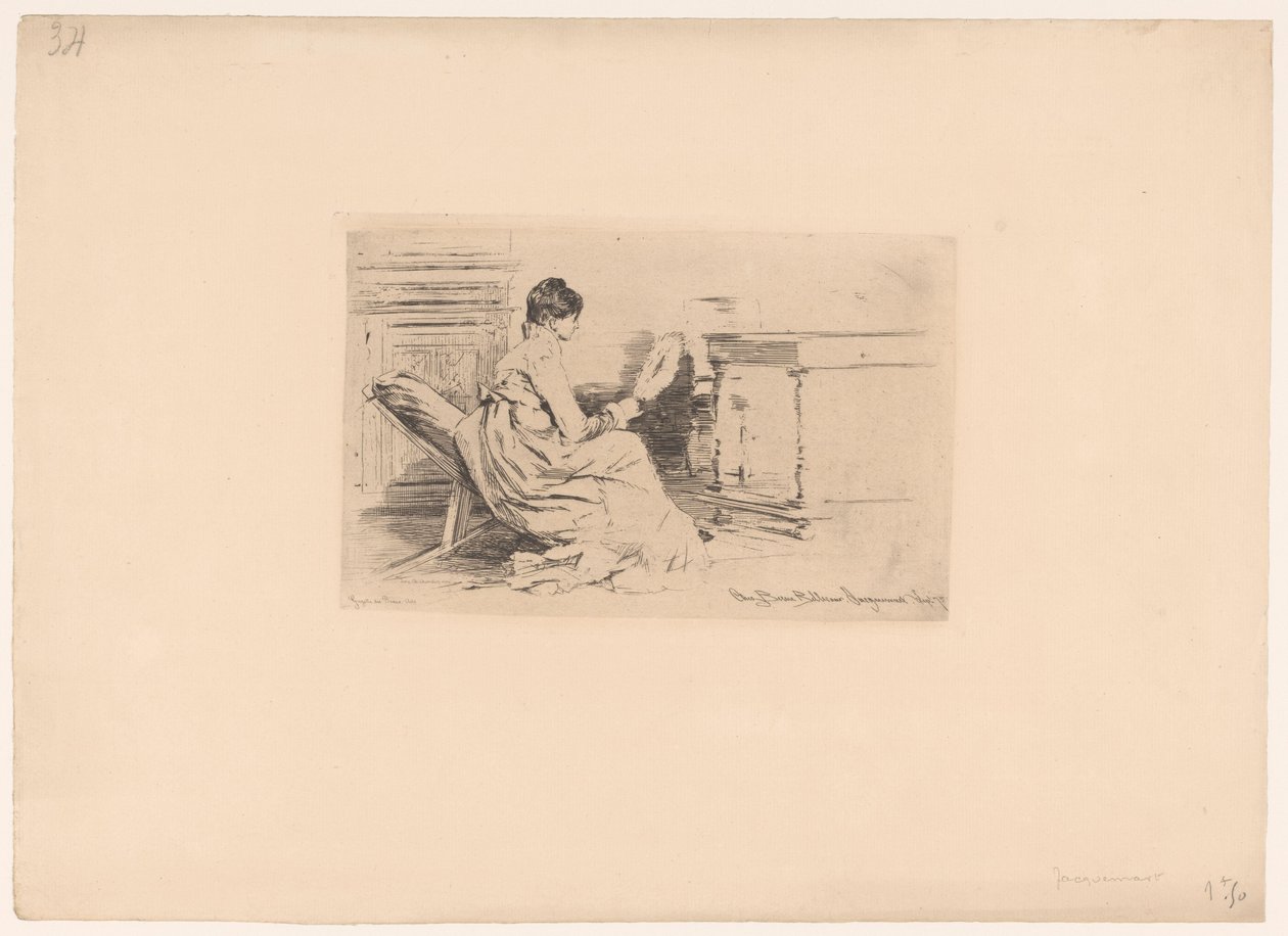 Vrouw met waaier in lage stoel door Jules Ferdinand Jacquemart (attributed to)