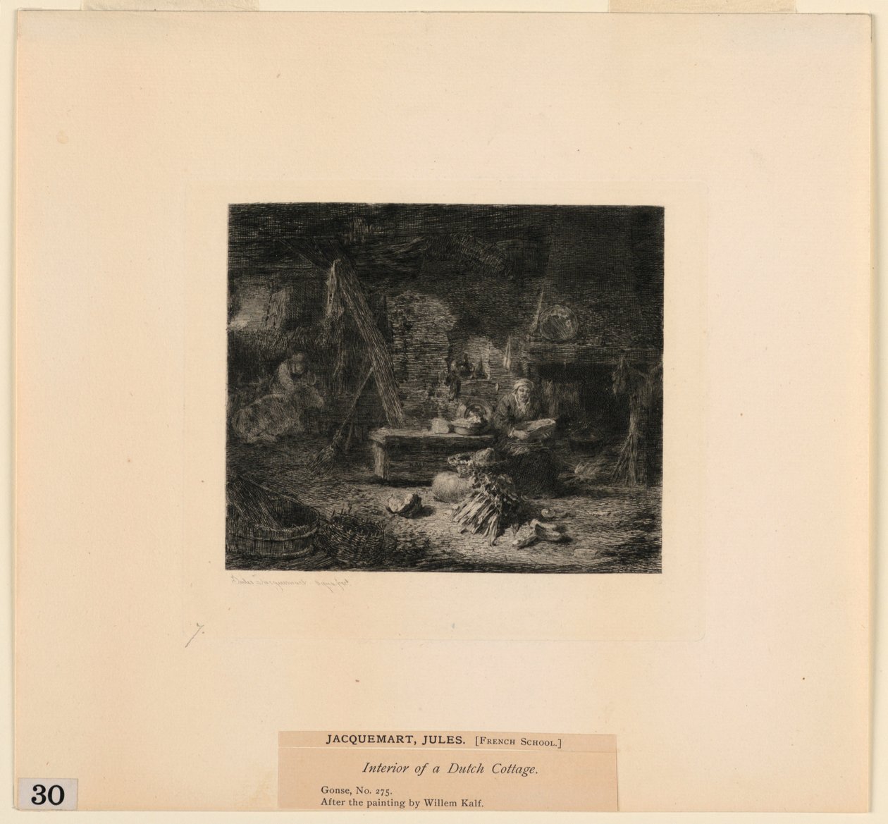 Interieur van een Nederlandse Cottage, uit "Etsen van Schilderijen in het Metropolitan Museum, New York" door Jules Ferdinand Jacquemart