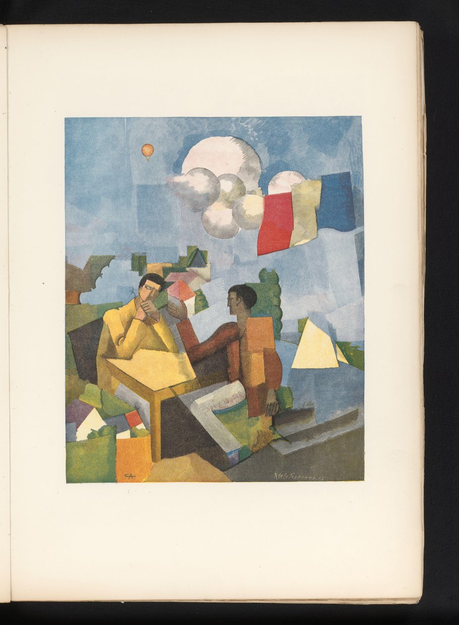 Twee mannen aan tafel in de open lucht door Jules Germain