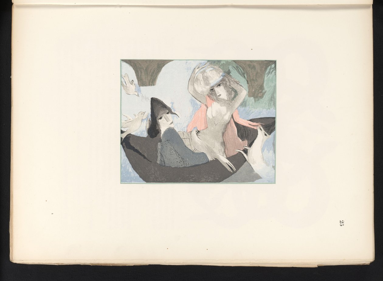 Twee vrouwenfiguren met vogels en een hond door Jules Germain