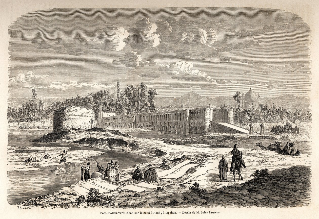 De brug Allah Verdi Kahn, gebouwd rond 1608, in Isfahan (Iran), is zowel een oversteekpunt om de rivier Zend e Roud over te steken als een dam om de loop van de rivier te reguleren, met een Talar, of spiegelkiosk, waar de Perzische heerser kon verblijven door Jules Joseph Augustin Laurens