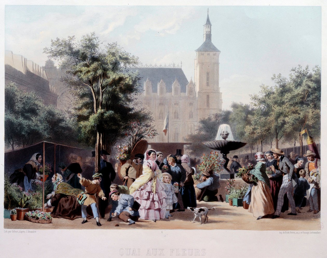 Uitzicht op de Quai aux Fleurs in Parijs De wandeling op het Ile de la Cité. Lithografie door Jules Marie Desandre (1845-?) 19e eeuw Parijs, Musee Carnavalet door Jules Marie Desandre
