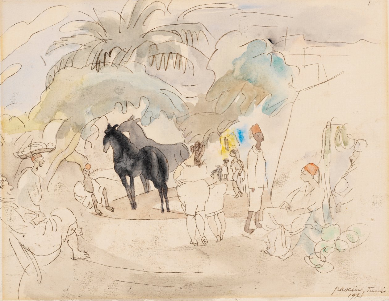 Figuren en twee paarden in een landschap, 1921 door Jules Pascin