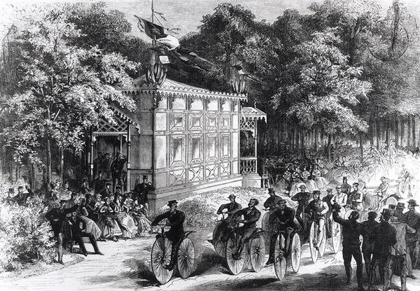 Een Velocipede Race bij Pré Catelan, ca.1860-70 door Jules Pelcoq