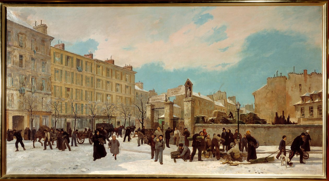 Houtwerf om te verbranden boulevard du Montparnasse in januari 1871 - Straatscène in Parijs door Jules and Guiaud Jacques  Didier