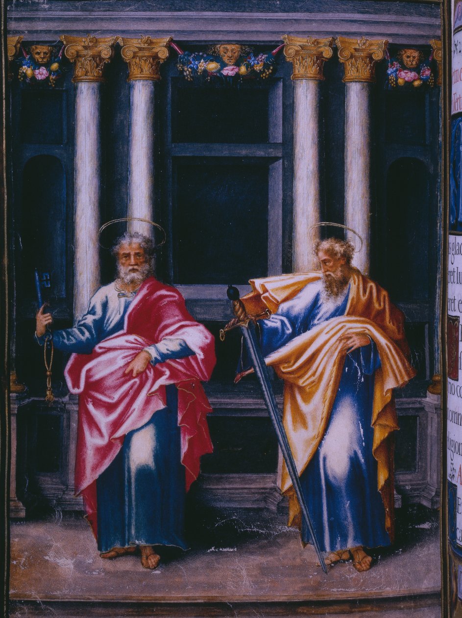 St. Petrus en St. Paulus, uit een facsimile van het Brevier van koning Filips II van Spanje, 1569 door Julian and Leon, Andres de Fuente del Saz