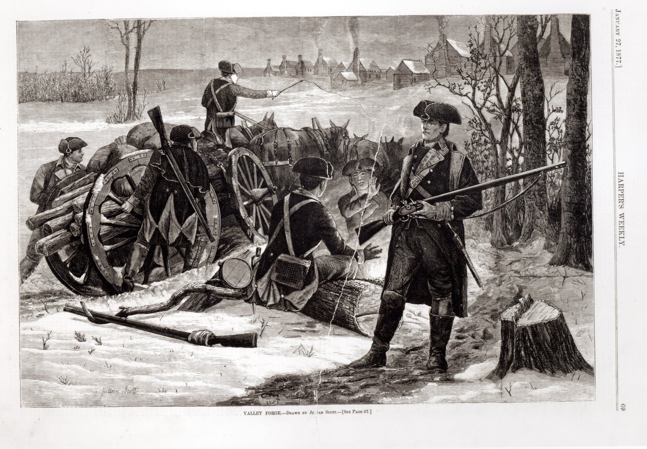 Winterscène bij het kampement van het Continentale Leger in Valley Forge, Pennsylvania, 1780, uit 