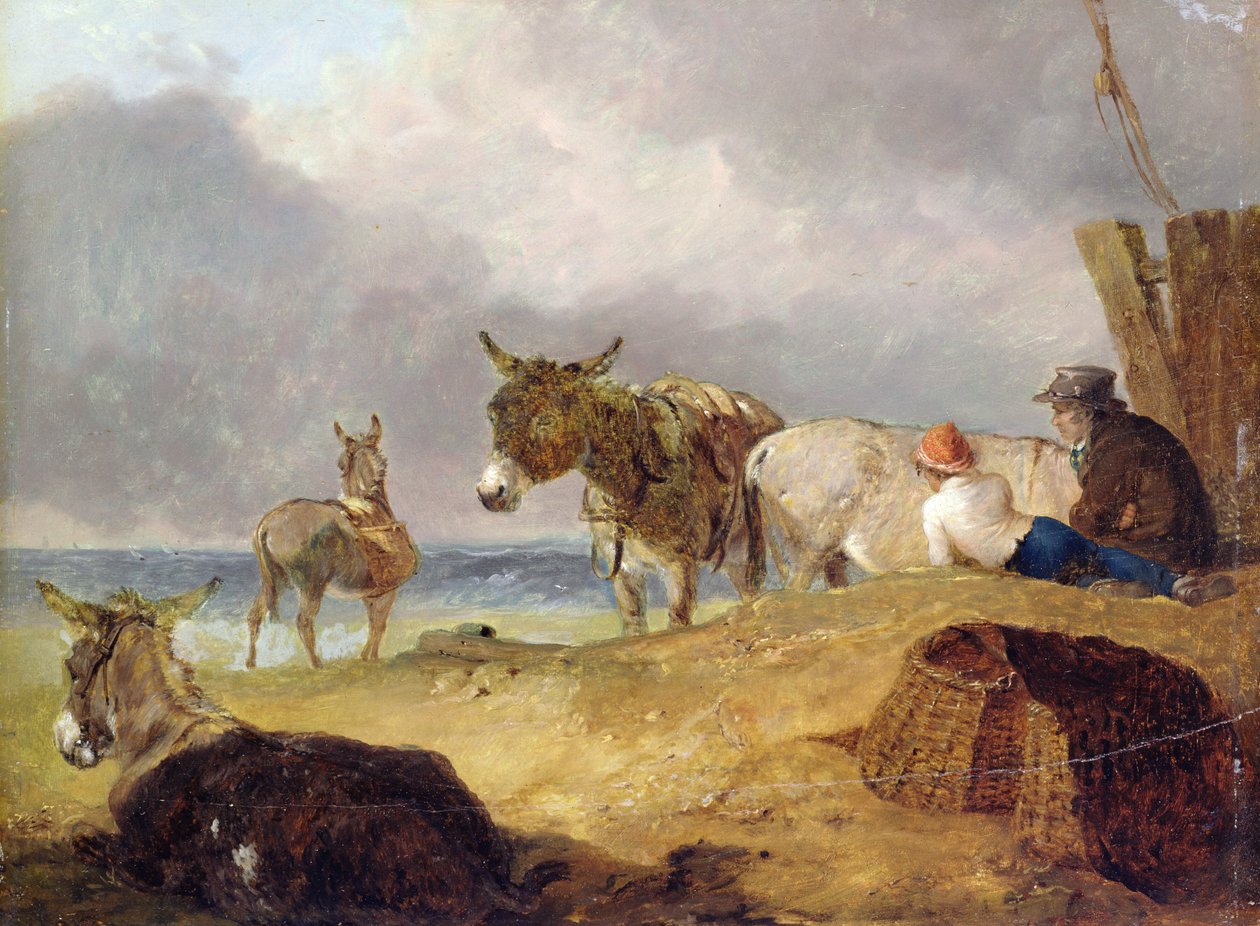 Ezels en Figuren op een Strand door Julius Caesar Ibbetson