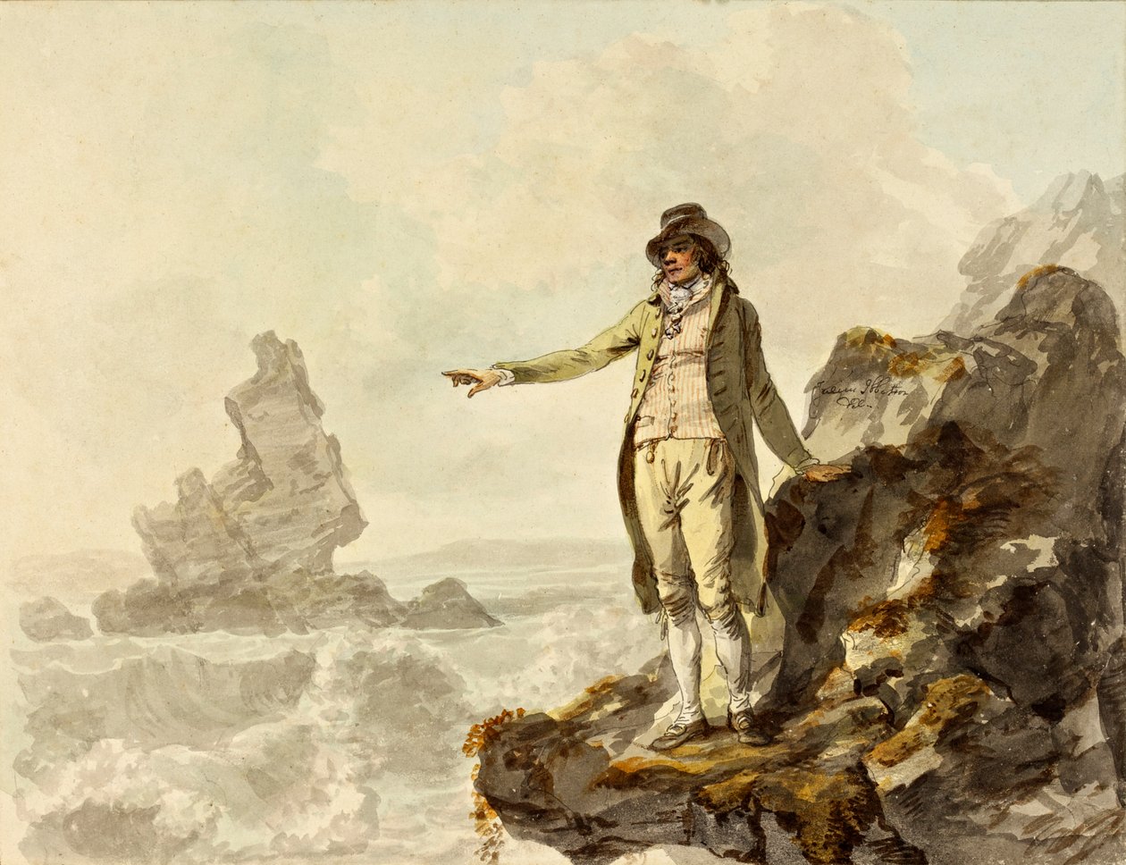De gids naar het Stackpole landschap wijzend naar Stack Rock, Pembrokeshire, 1793 door Julius Caesar Ibbetson