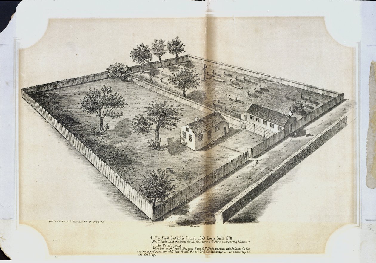 De eerste katholieke kerk in St. Louis gebouwd in 1770. Mr. Gibault hield de mis voor het eerst op 24 juni na het te hebben gezegend door Julius Hutawa Co.