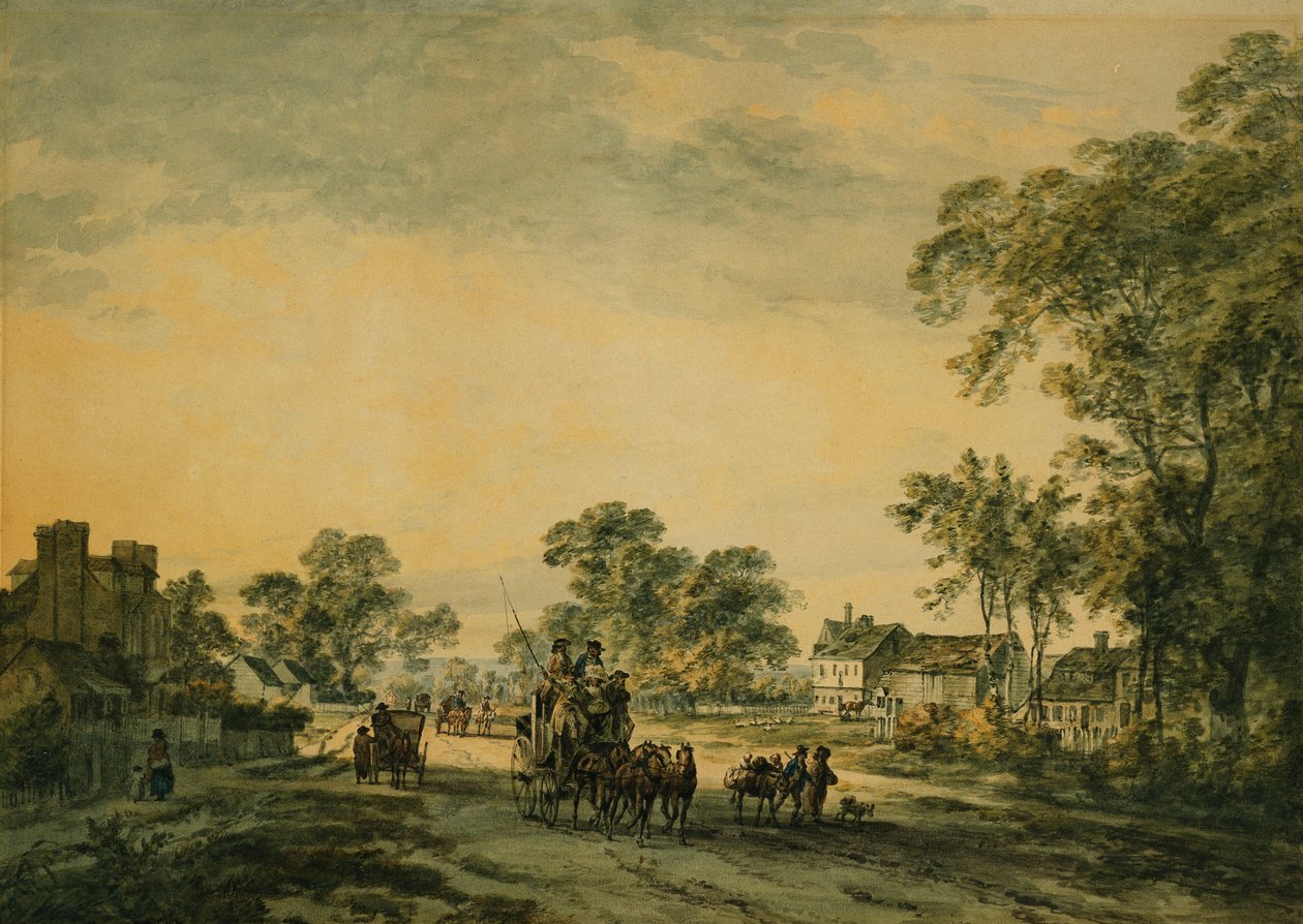 Een koets en figuren op een open landweg door Julius Caesar Ibbetson