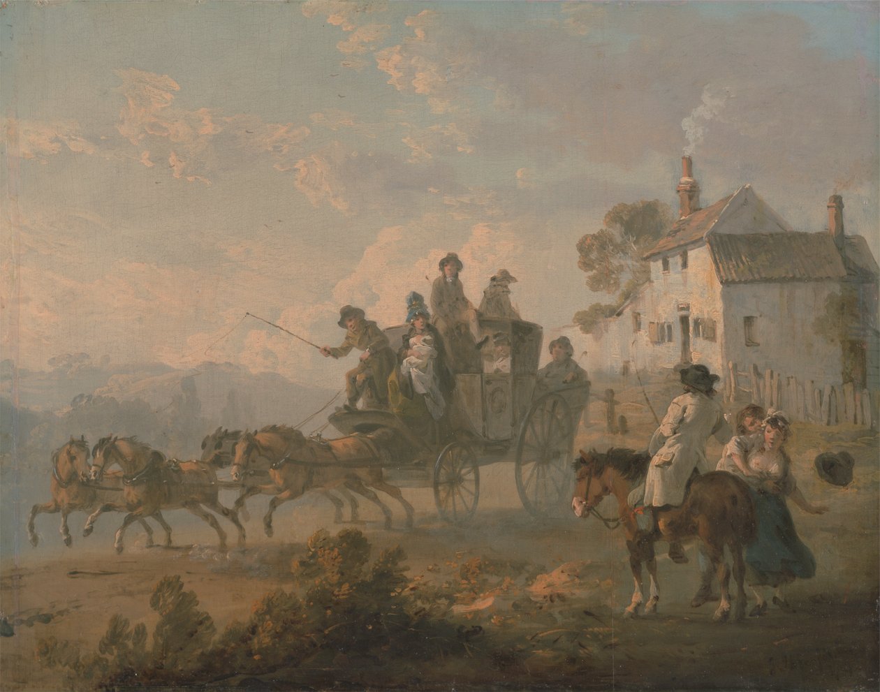 Een postkoets op een landweg door Julius Caesar Ibbetson