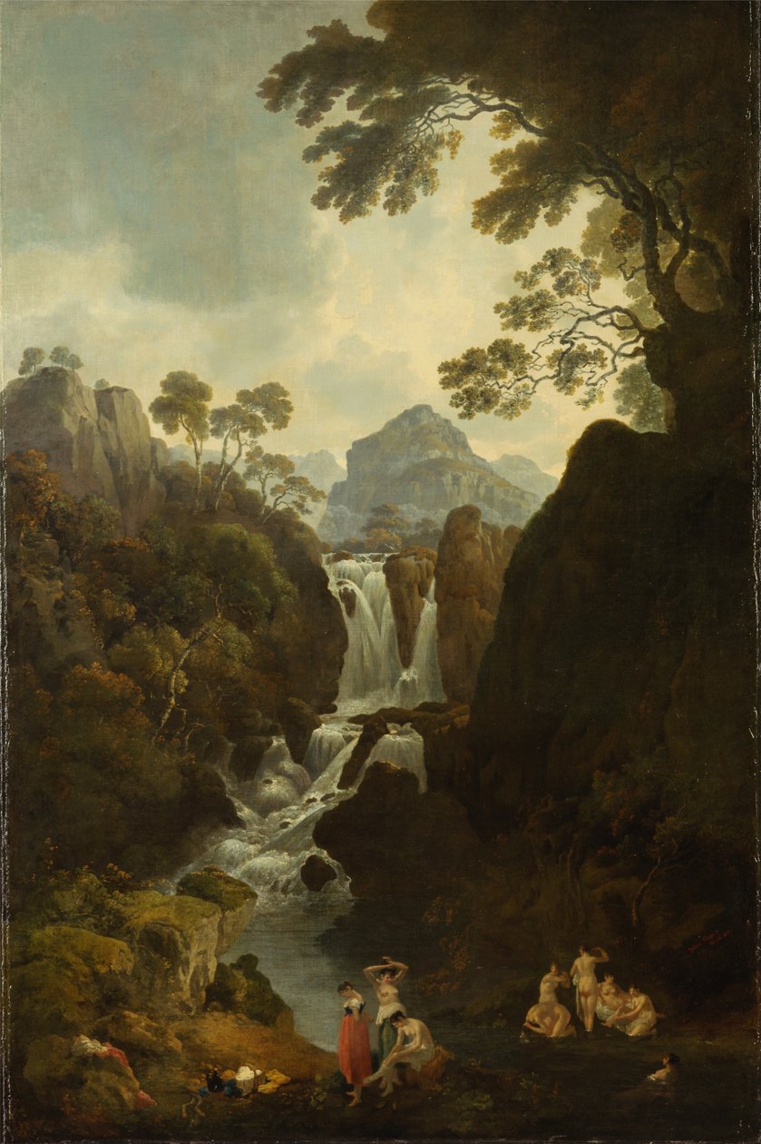 Een waterval met baders door Julius Caesar Ibbetson