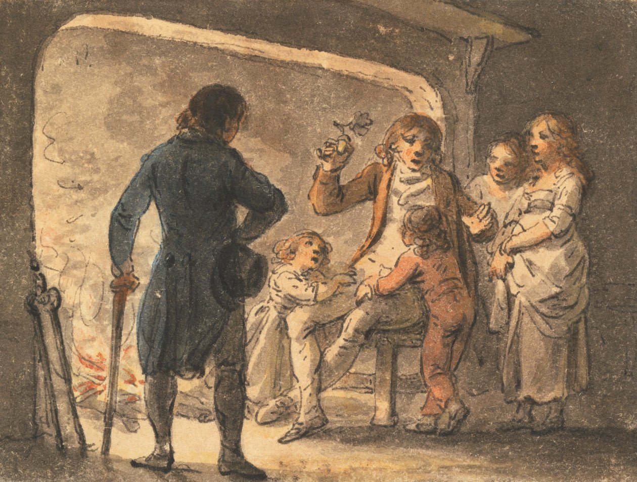 Het vuur in de haard, de vader vertelt zijn kinderen de geschiedenis door Julius Caesar Ibbetson