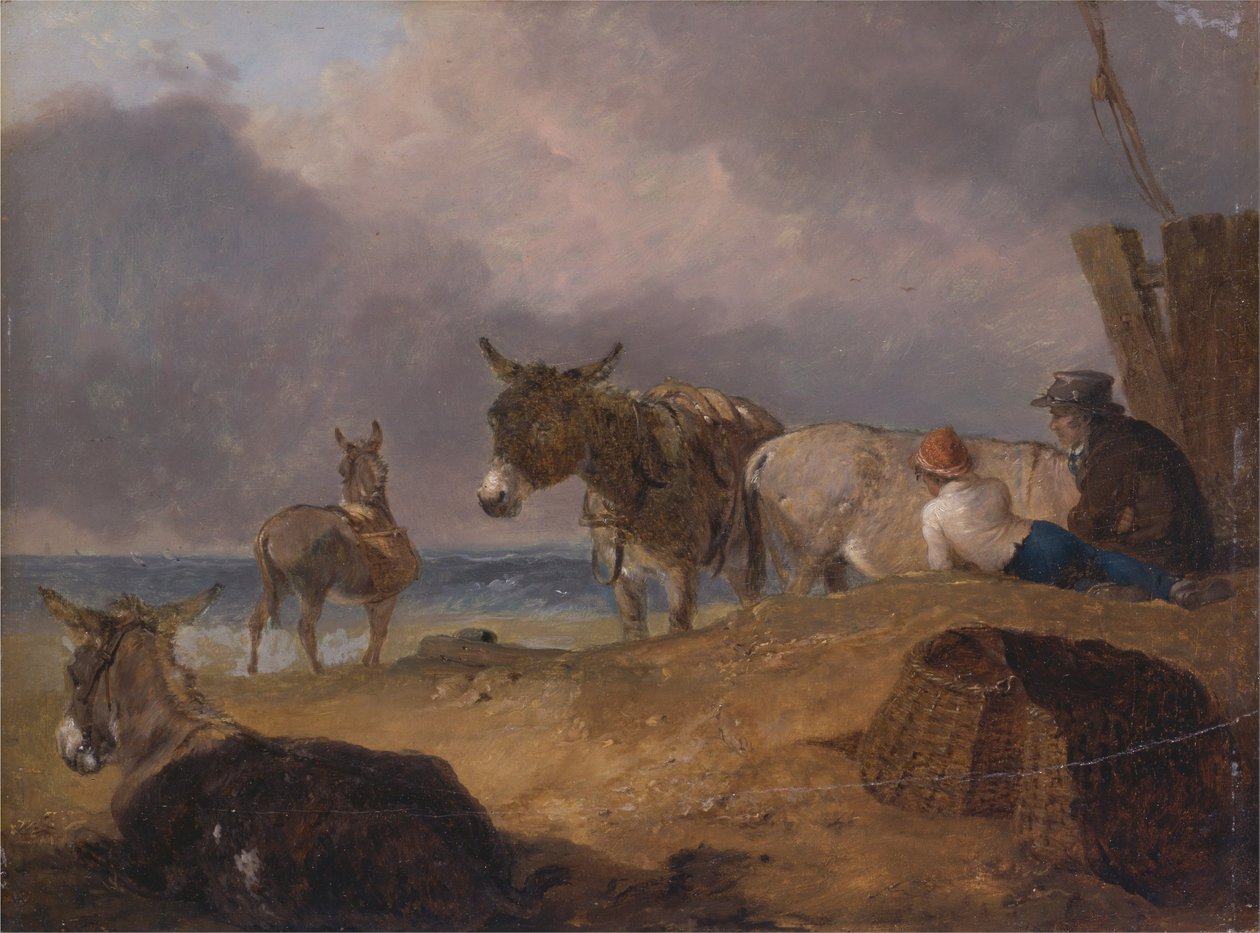 Ezels en figuren op een strand door Julius Caesar Ibbetson