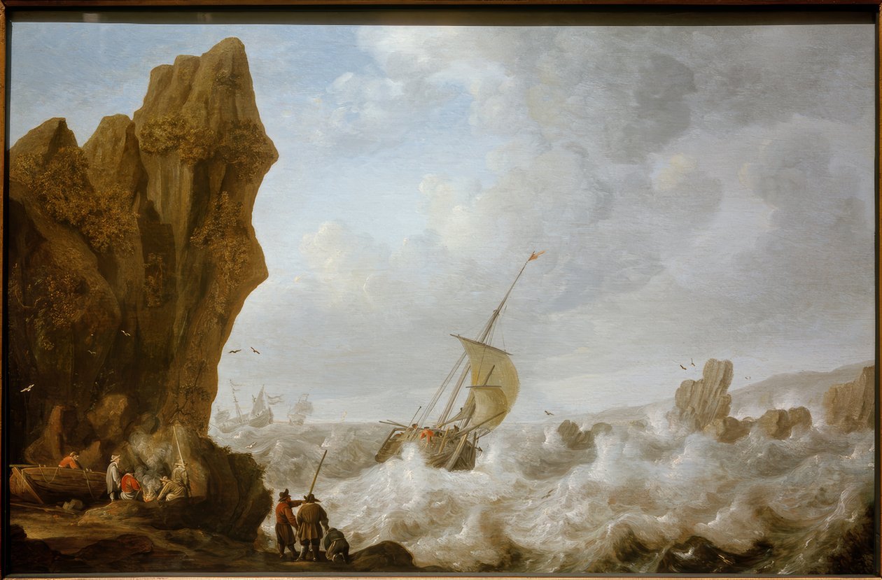 Vissersboot in stormachtige zee voor een rotsachtige kust door Julius Porcellis