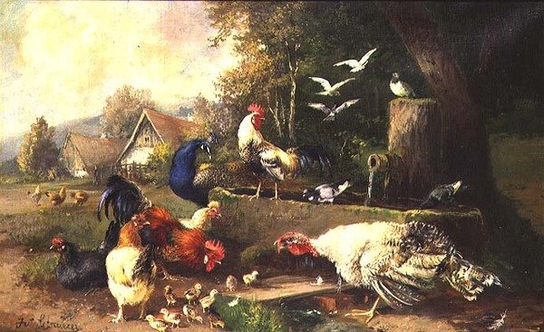 Gevogelte bij een pomp door Julius Scheuerrer