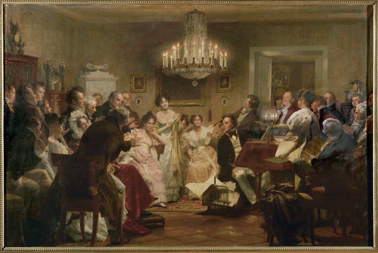 Schubert aan de piano tijdens een Schubertavond in een Weense salon ... (olieverfschilderij) door Julius Schmid