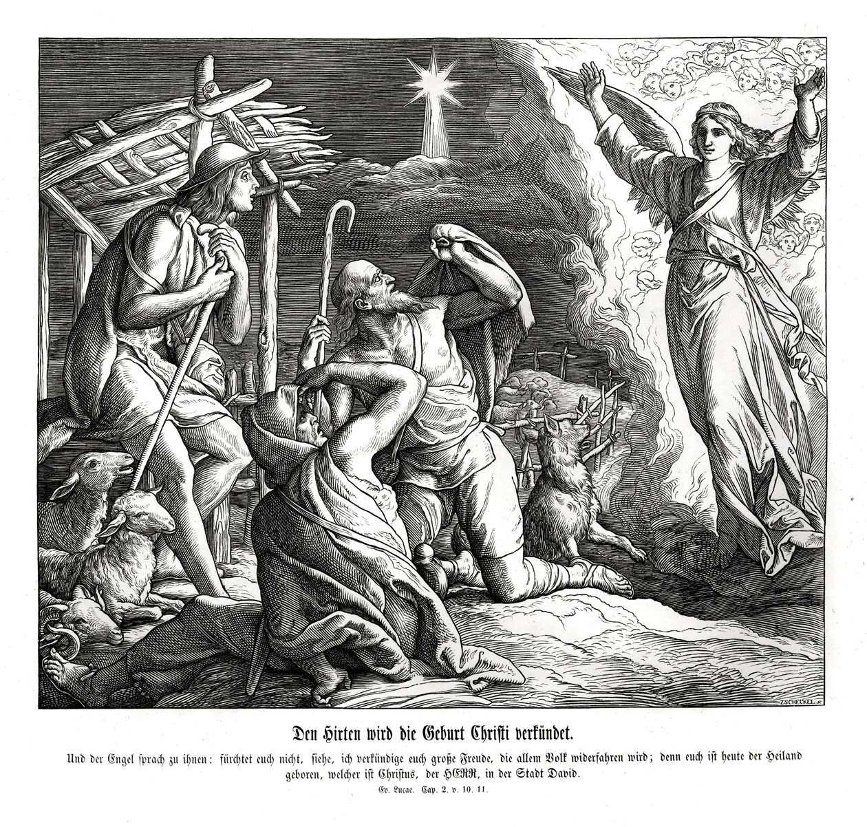 Een engel verschijnt aan de herders, Evangelie van Lucas door Julius Schnorr von Carolsfeld