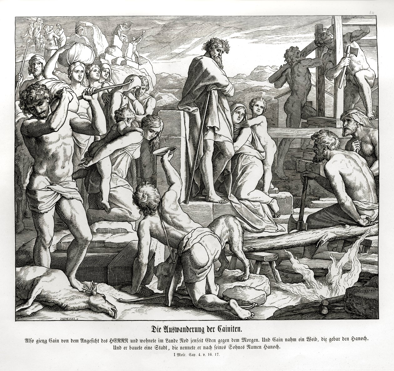Het leven van Kaïn in Nod na zijn verbanning, Genesis door Julius Schnorr von Carolsfeld