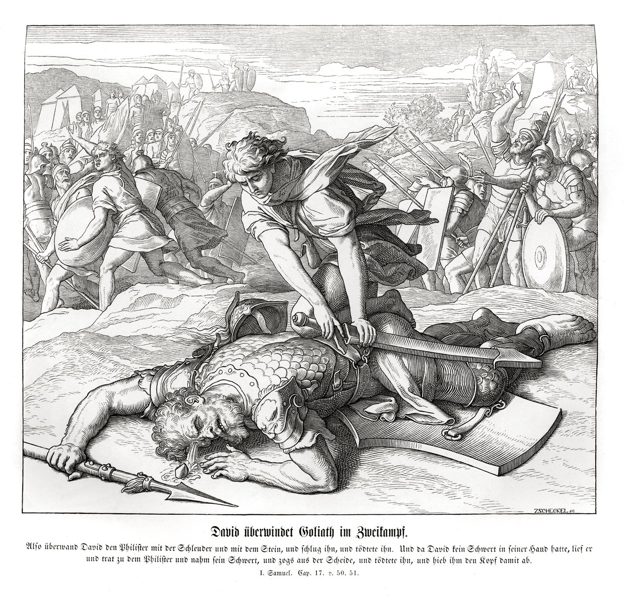 David verslaat Goliath door Julius Schnorr von Carolsfeld
