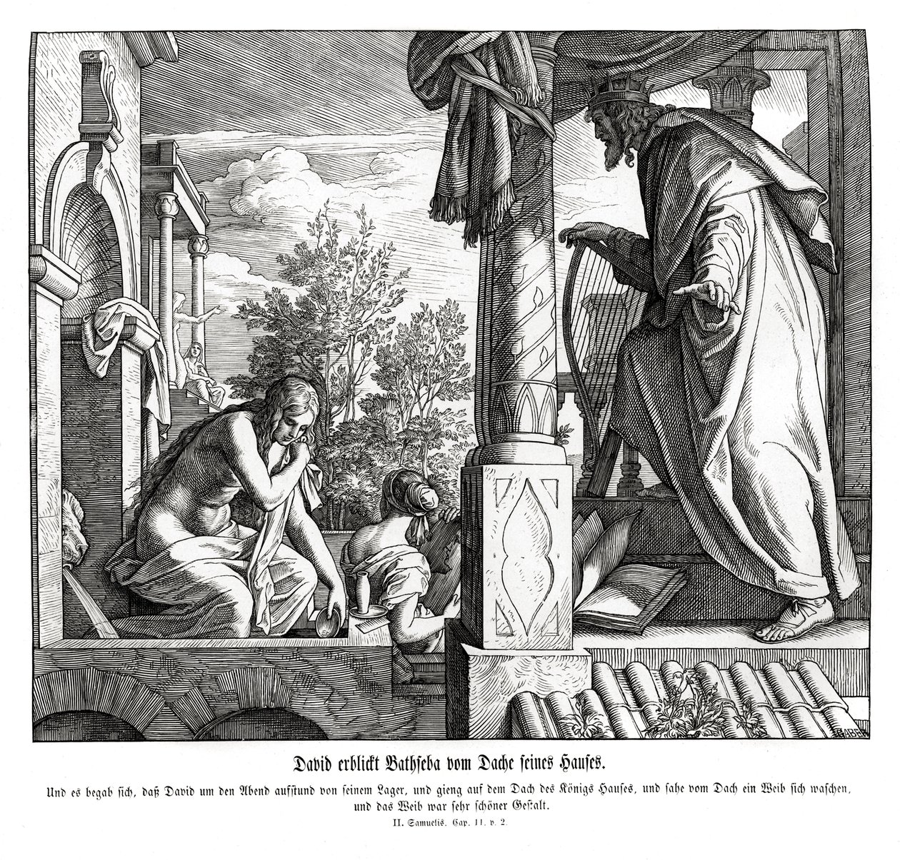 David ziet Bathseba op het dak, 2 Samuel door Julius Schnorr von Carolsfeld