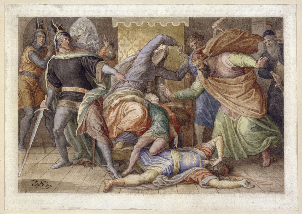 Hagen doodt Ortlieb (De stervende Ortlieb in de schoot van Kriemhild; naar het Nibelungenlied) door Julius Schnorr von Carolsfeld