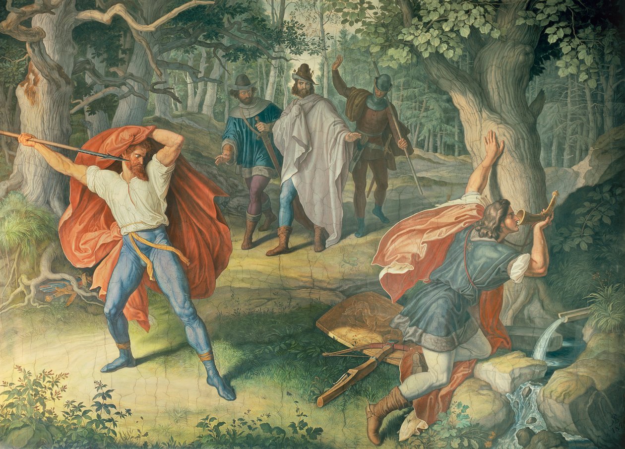 Hagen doodt Siegfried bij de fontein, Hal van de Nibelungen door Julius Schnorr von Carolsfeld
