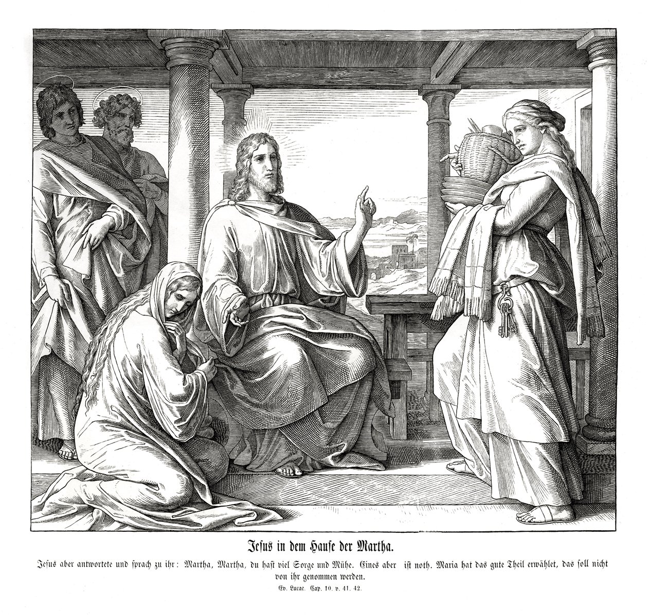 Jezus in het huis van Martha, Evangelie van Lucas door Julius Schnorr von Carolsfeld