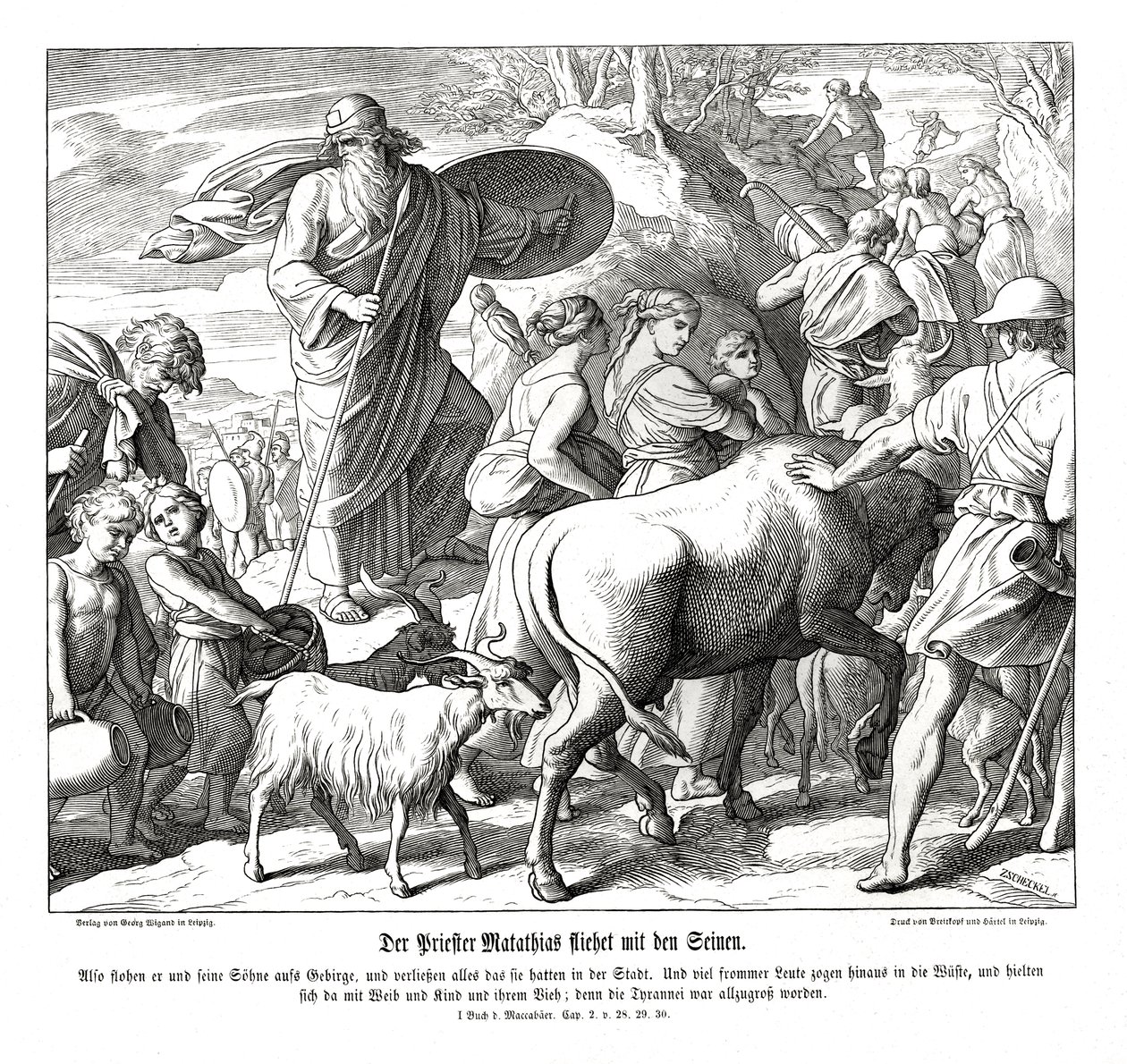 Mathathias en zijn zonen vluchten de stad uit door Julius Schnorr von Carolsfeld