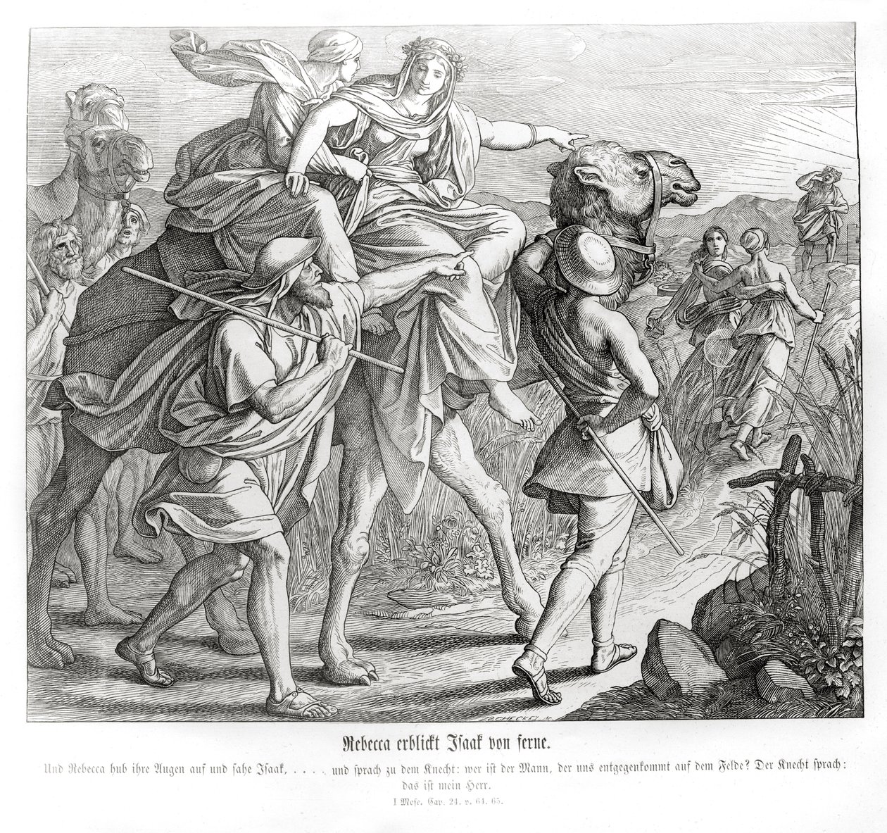 Rebecca ziet Isaak van verre, Genesis door Julius Schnorr von Carolsfeld
