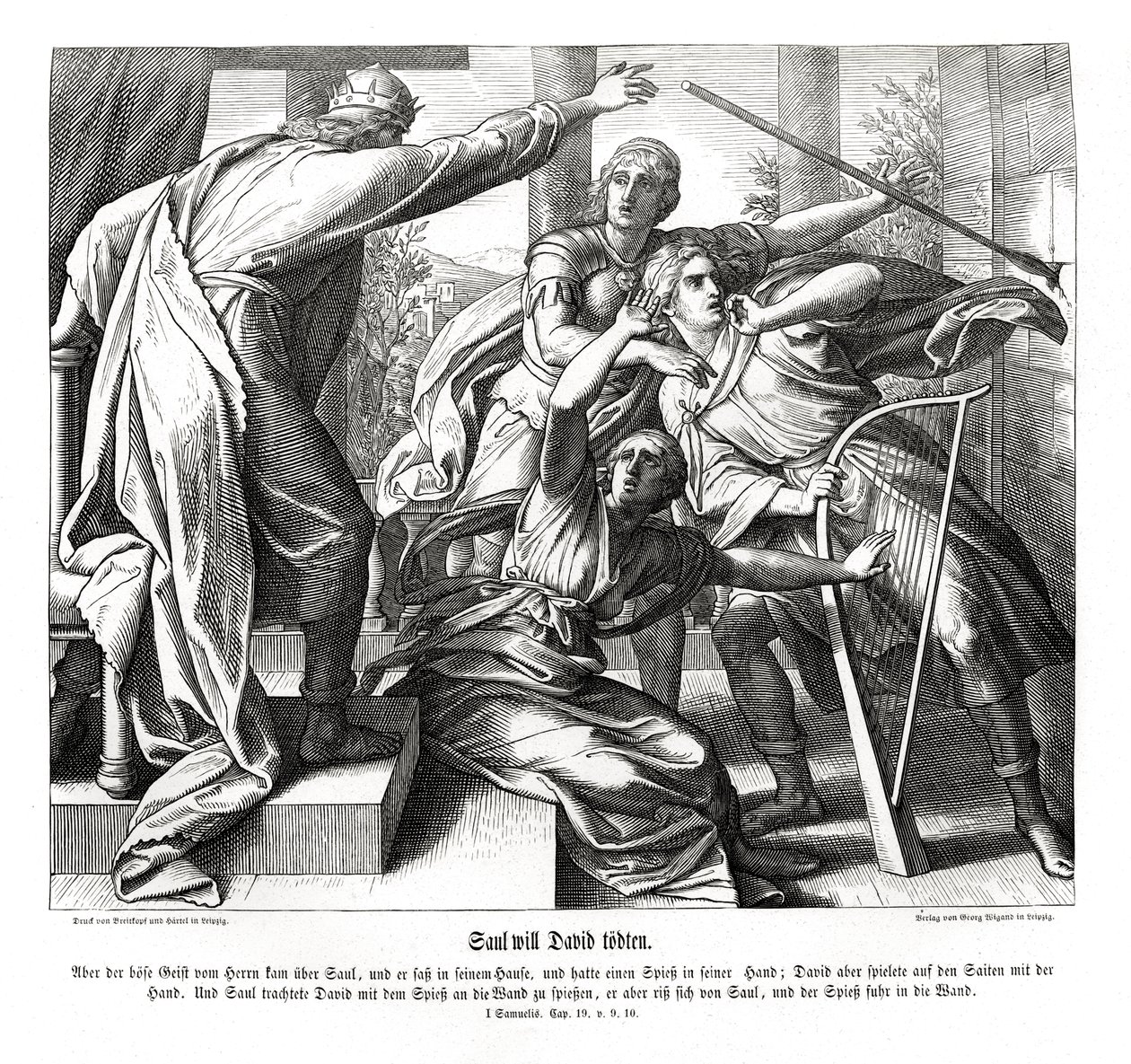 Saul probeert David te doden door Julius Schnorr von Carolsfeld