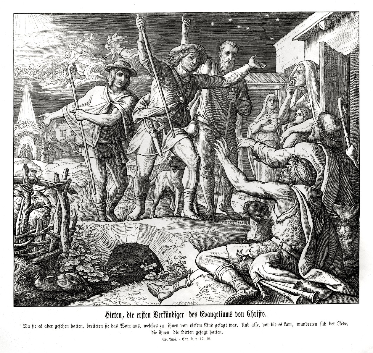 Herders verspreiden het evangelie, Evangelie van Lucas door Julius Schnorr von Carolsfeld
