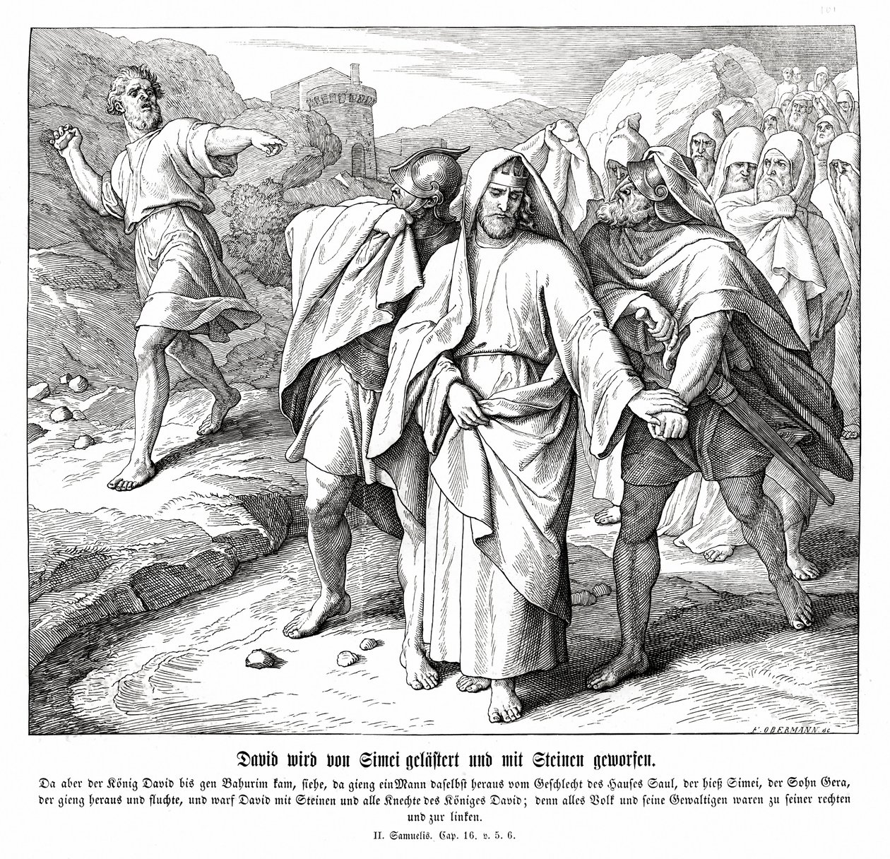 Shimei vervloekt en gooit stenen naar David, 2 Samuel door Julius Schnorr von Carolsfeld