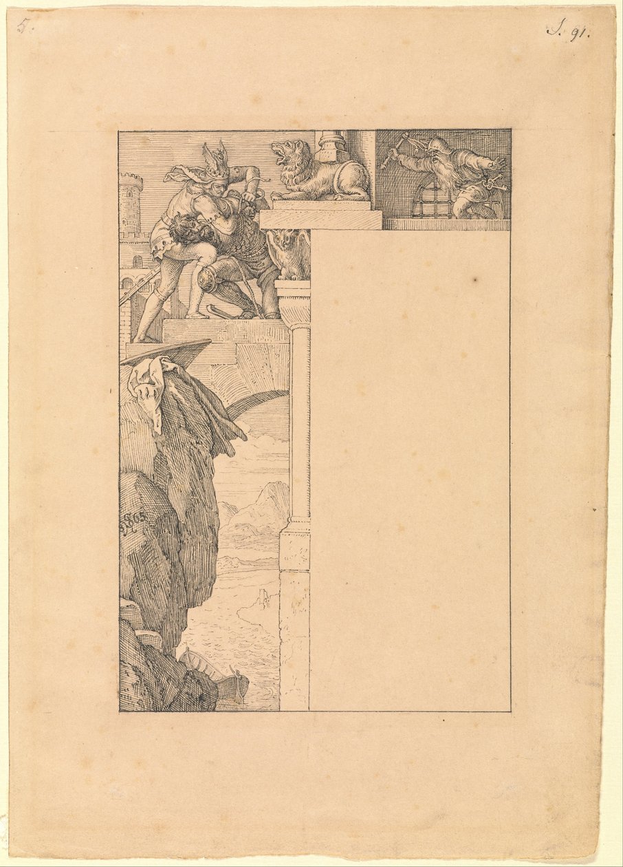 Siegfried vecht met de poortwachter door Julius Schnorr von Carolsfeld