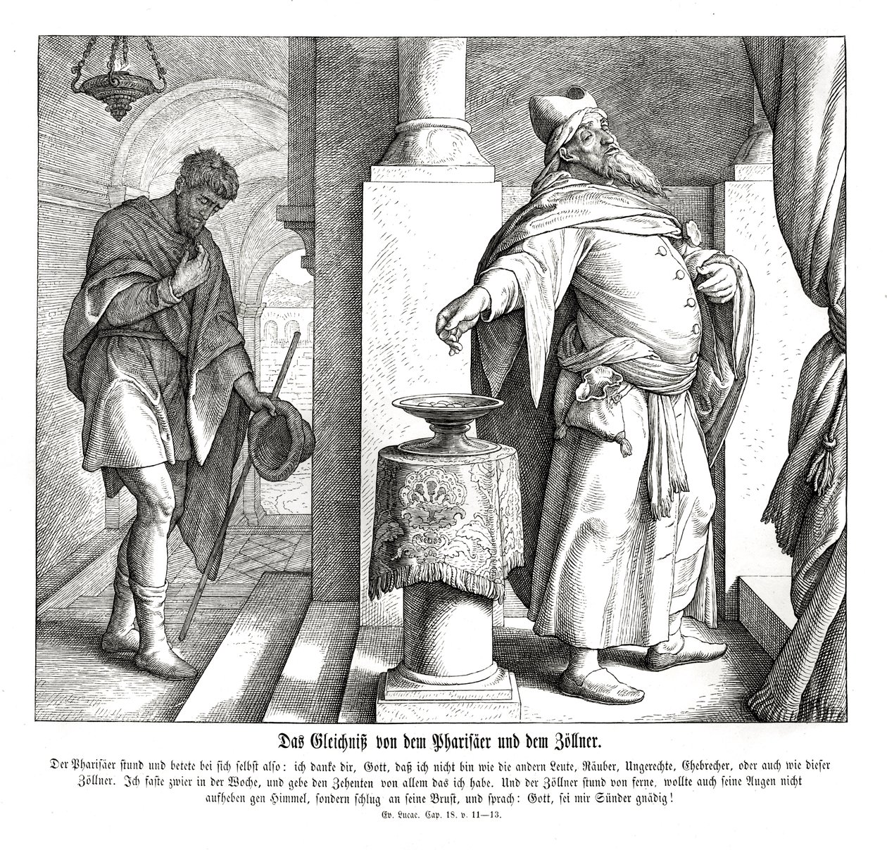De Farizeeër en de tollenaar, Evangelie van Lucas door Julius Schnorr von Carolsfeld