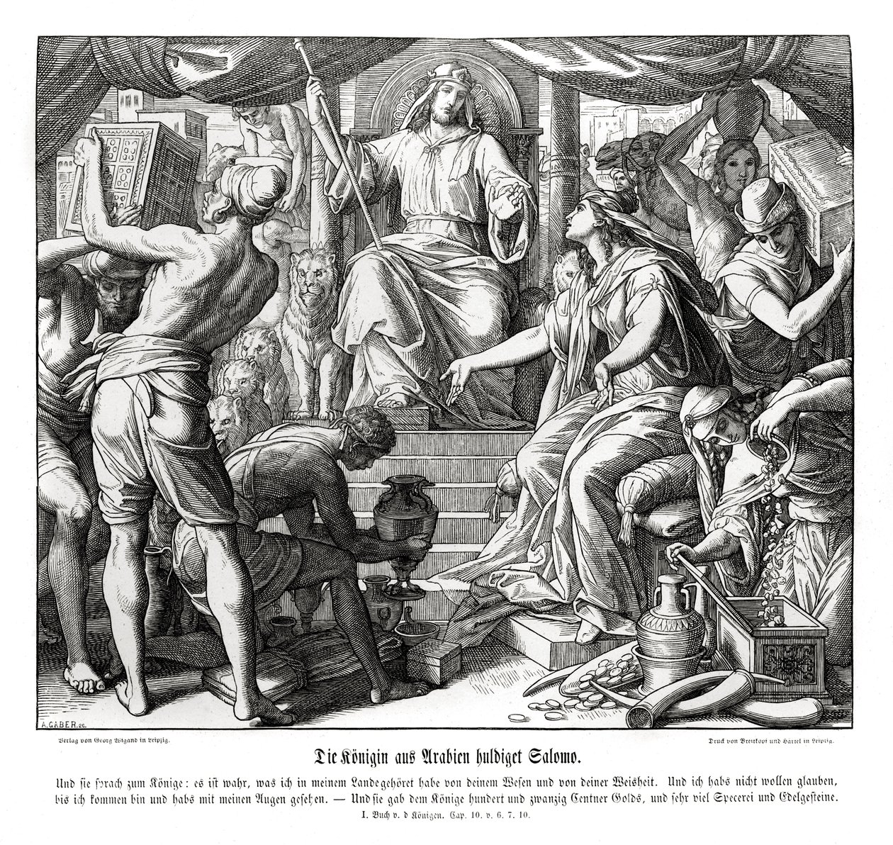 De koningin van Sheba eert koning Salomo door Julius Schnorr von Carolsfeld