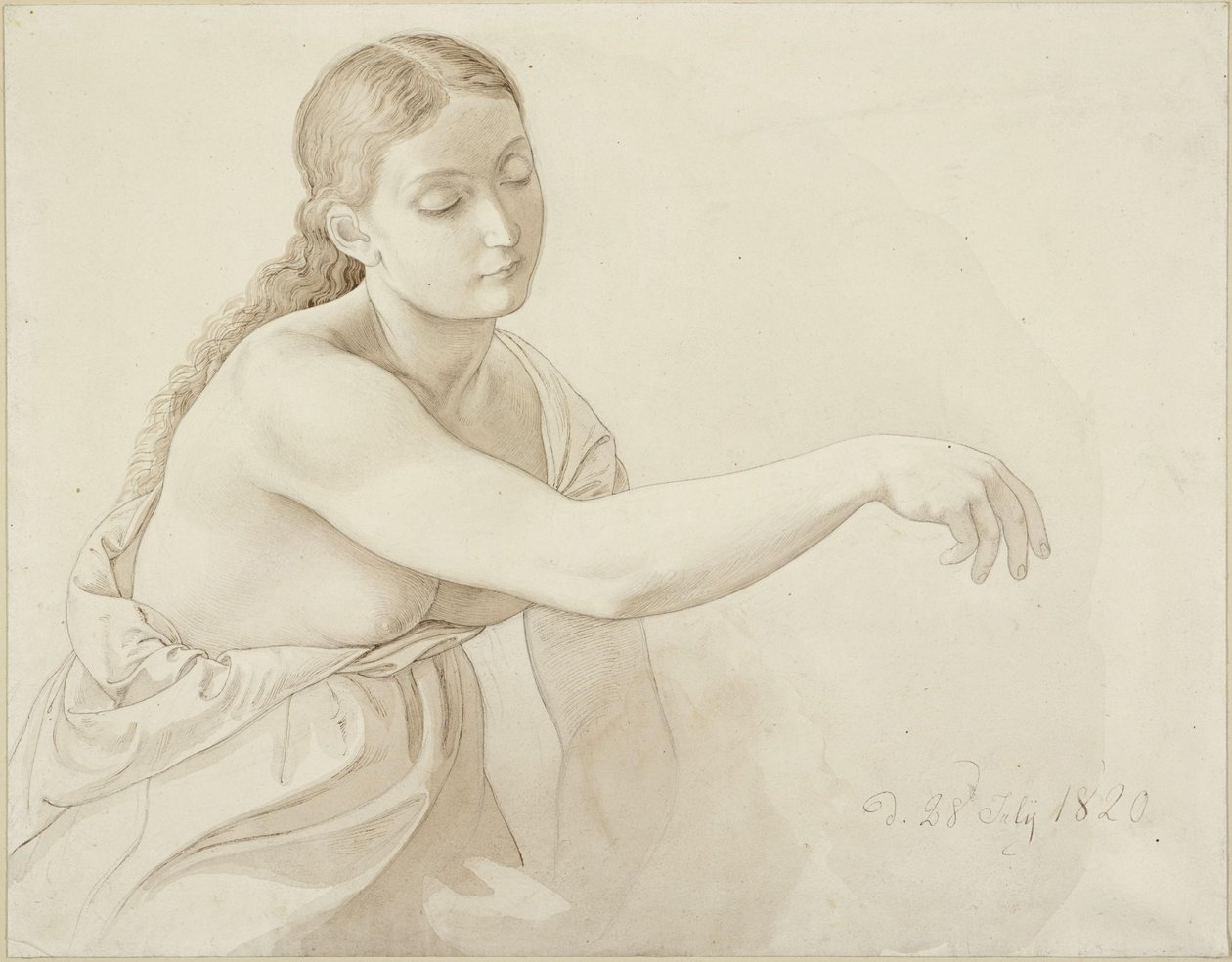 Vrouwelijke halve figuur met los haar door Julius Schnorr von Carolsfeld