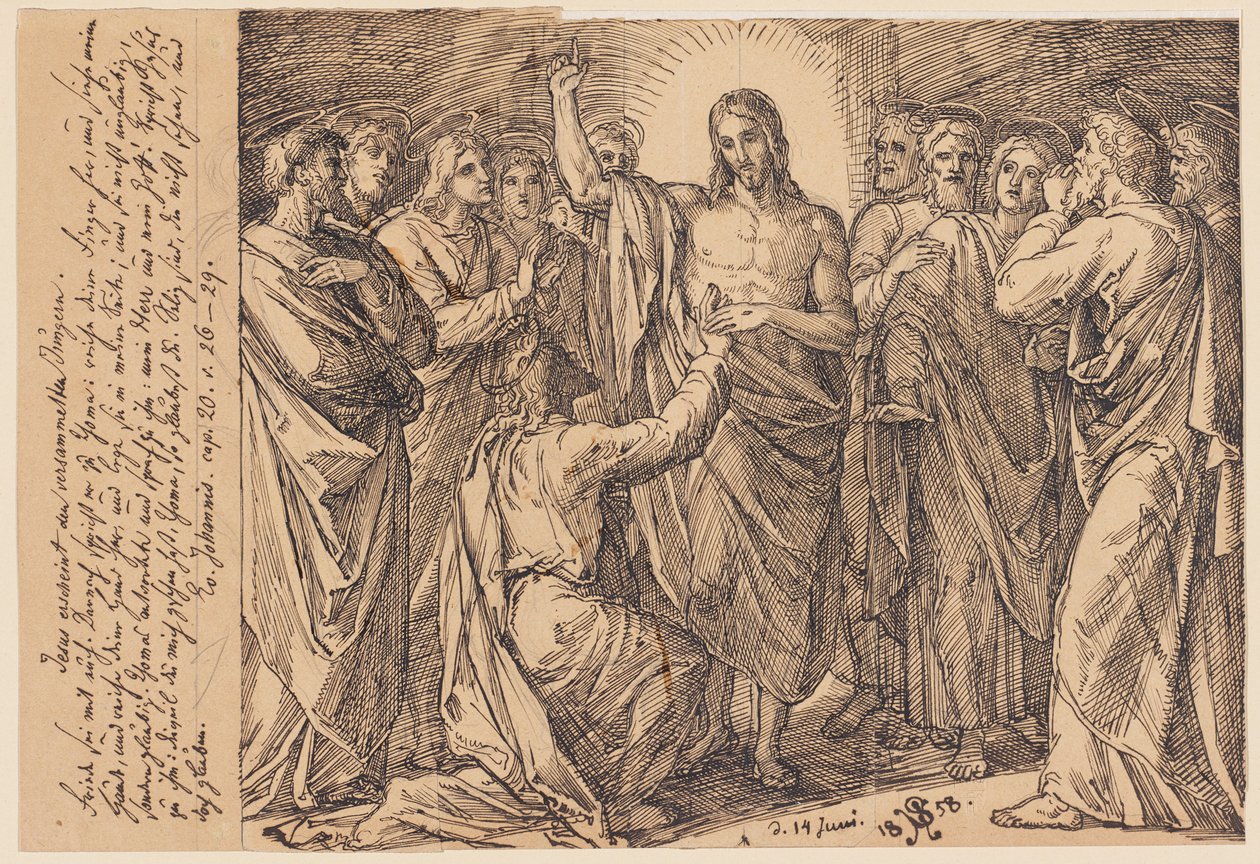Jezus verschijnt aan de verzamelde discipelen. Vrede zij met jullie. Daarna zegt hij tegen Tomas: ...? door Julius Schnorr von Carolsfeld