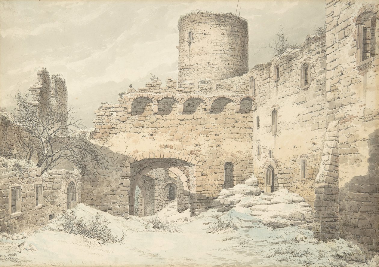 Winterzicht op de Binnenplaats van een Middeleeuws Kasteel in Ruïnes, 1832 door Julius von Leypold