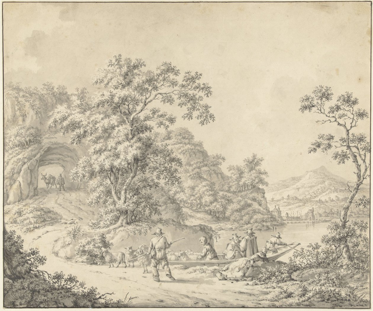 Landschap met een schuitje waarin een schapenherder met zijn kudde door Jurriaan Andriessen (attributed to)