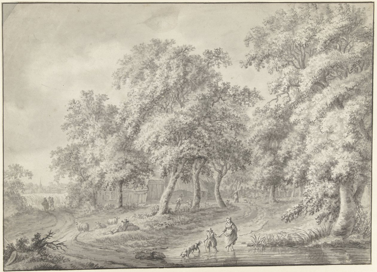 Landschap met moeder en kind met hond wadend door een poel door Jurriaan Andriessen (possibly)