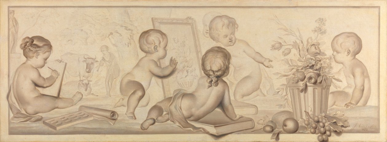 Zes putti met bloemen en fruit en attributen van de tekenkunst door Jurriaan Andriessen (signed by artist)